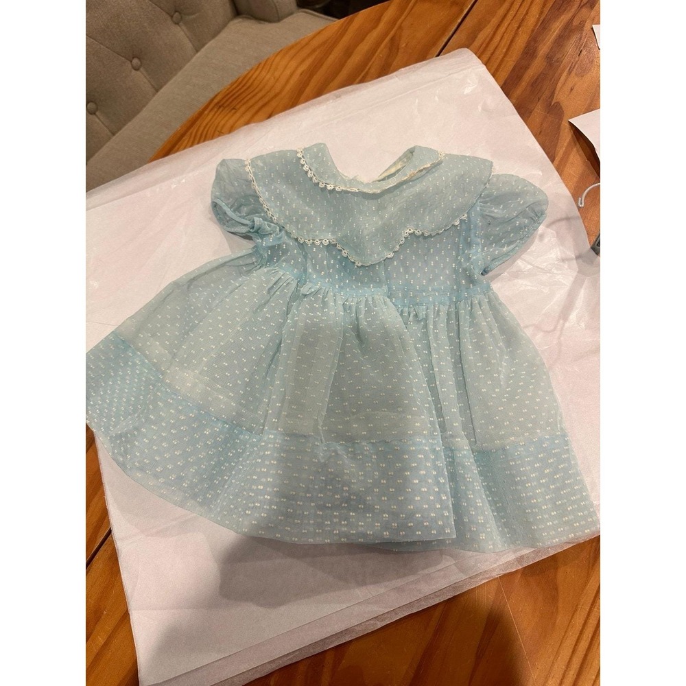 Vintage Baby Dress Blue Dotted with Crinoline 1970's Size 18 months